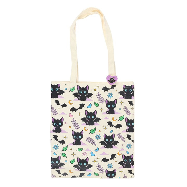 Cute and Creepy Cat Print Polycotton Tote Bag with Enamel Pin