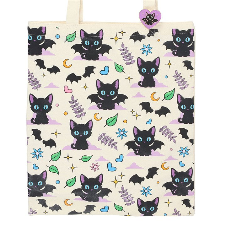 Cute and Creepy Cat Print Polycotton Tote Bag with Enamel Pin