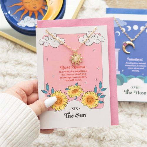 The Sun Celestial Rose Quartz Necklace Card